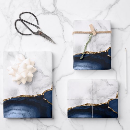 White Marble Gilded Navy Blue Agate Wrapping Paper Sheets