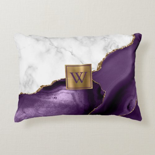 White Marble Gilded Purple Agate Monogram Accent Pillow