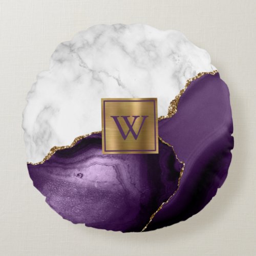 White Marble Gilded Purple Agate Monogram Round Pillow