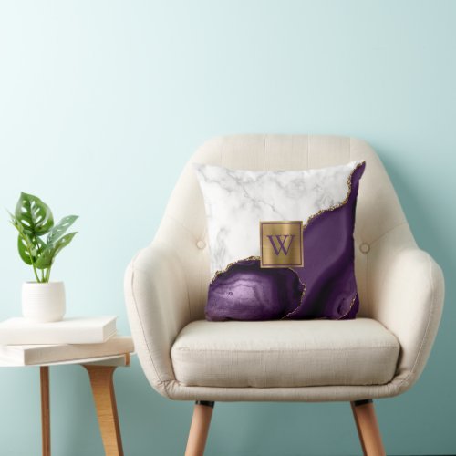 White Marble Gilded Purple Agate Monogram Throw Pillow
