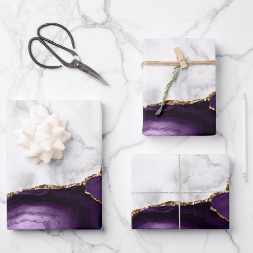 White Marble Gilded Purple Agate Wrapping Paper Sheets