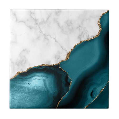 White Marble Gilded Teal Agate Ceramic Tile