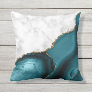 White Marble Gilded Teal Agate Outdoor Pillow
