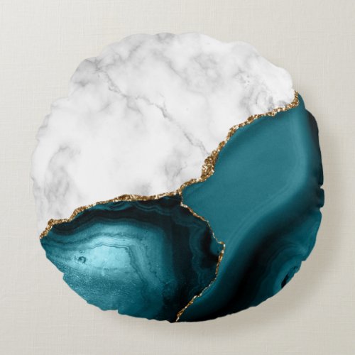 White Marble Gilded Teal Agate Round Pillow