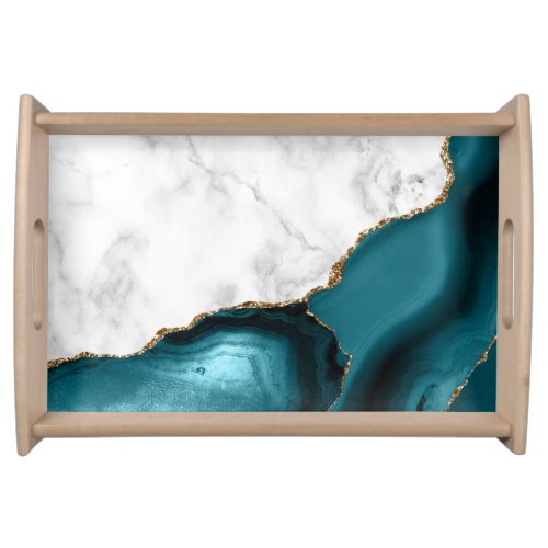 White Marble Gilded Teal Agate Serving Tray