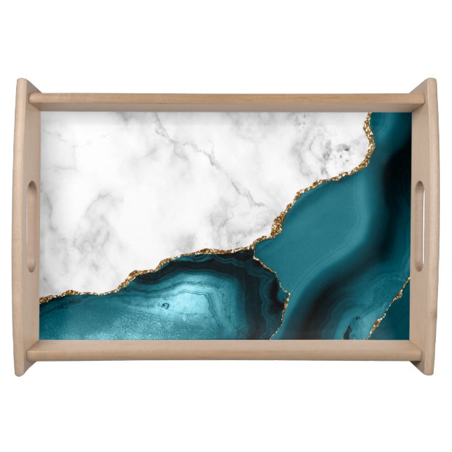 White Marble Gilded Teal Agate Serving Tray (Front)