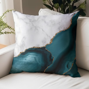 White Marble Gilded Teal Agate Throw Pillow