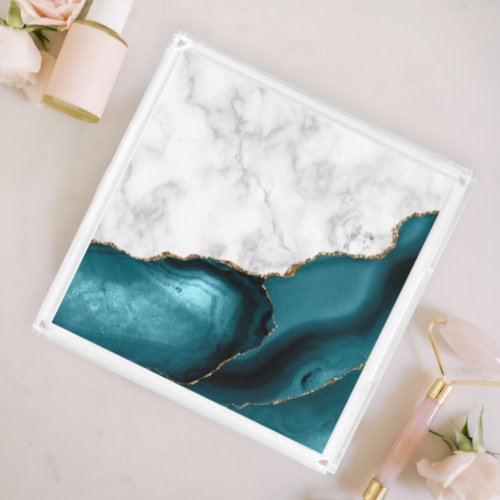 White Marble Gilded Teal Blue Agate Acrylic Tray