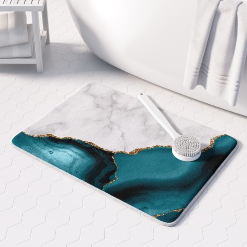 White Marble Gilded Teal Blue Agate Bath Mat