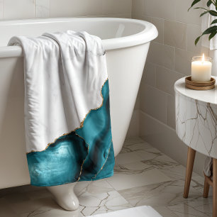White Marble Gilded Teal Blue Agate Bath Towel