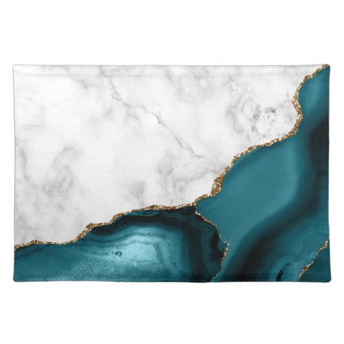 White Marble Gilded Teal Blue Agate Cloth Placemat