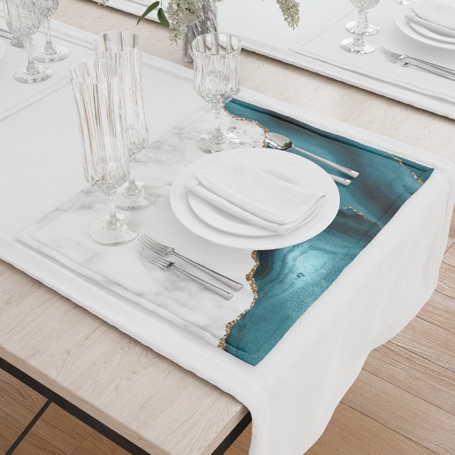 White Marble Gilded Teal Blue Agate Cloth Placemat (Creator Uploaded)