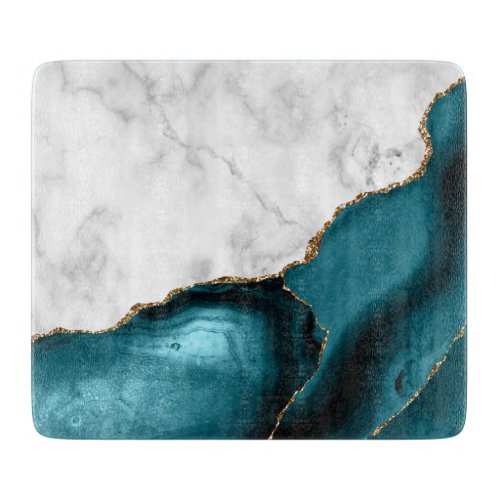 White Marble Gilded Teal Blue Agate Cutting Board