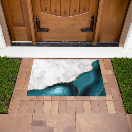 White Marble Gilded Teal Blue Agate Doormat
