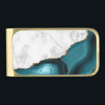 White Marble Gilded Teal Blue Agate Gold Finish Money Clip<br><div class="desc">Elegant white marble and teal blue agate gilded with faux gold glitter combine in this luxurious design.</div>