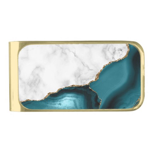 White Marble Gilded Teal Blue Agate Gold Finish Money Clip