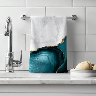 White Marble Gilded Teal Blue Agate Hand Towel