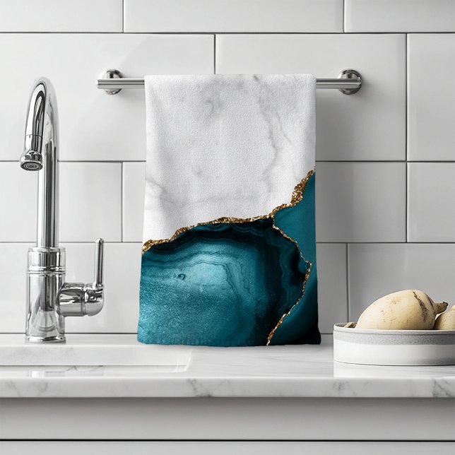 White Marble Gilded Teal Blue Agate Hand Towel (Creator Uploaded)