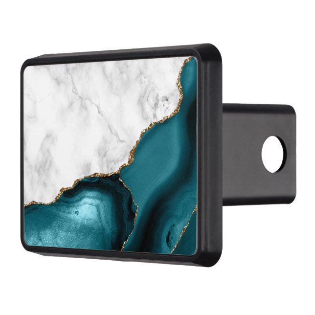 White Marble Gilded Teal Blue Agate Hitch Cover (Left)
