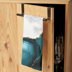 White Marble Gilded Teal Blue Agate Kitchen Towel