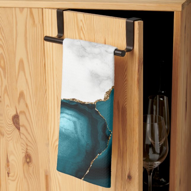 White Marble Gilded Teal Blue Agate Kitchen Towel (Thirds Fold)