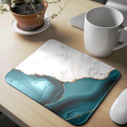 White Marble Gilded Teal Blue Agate Mouse Pad
