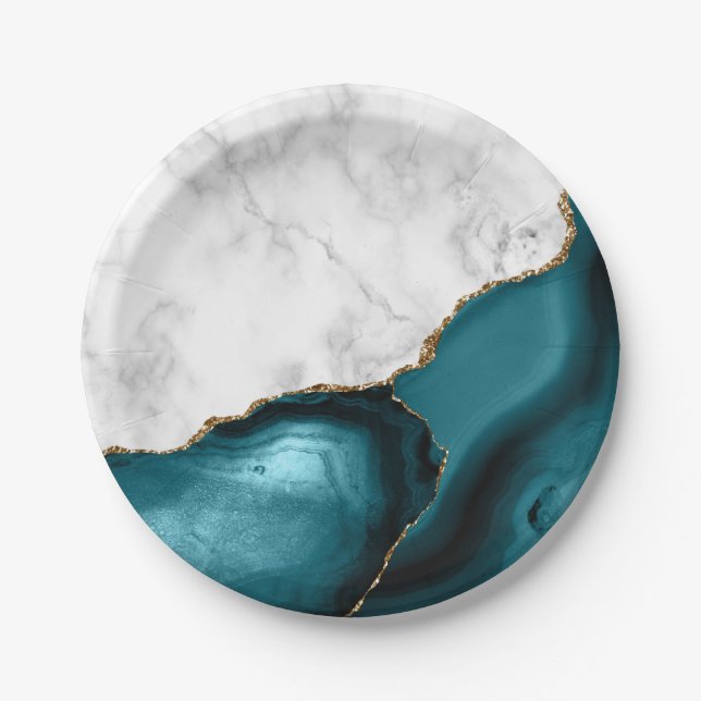 White Marble Gilded Teal Blue Agate Paper Plates (Front)