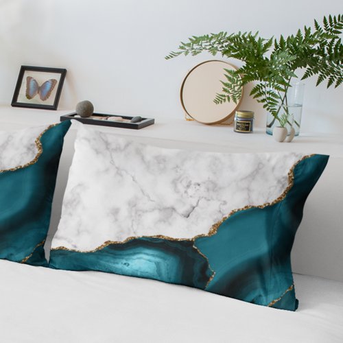 White Marble Gilded Teal Blue Agate Pillow Case