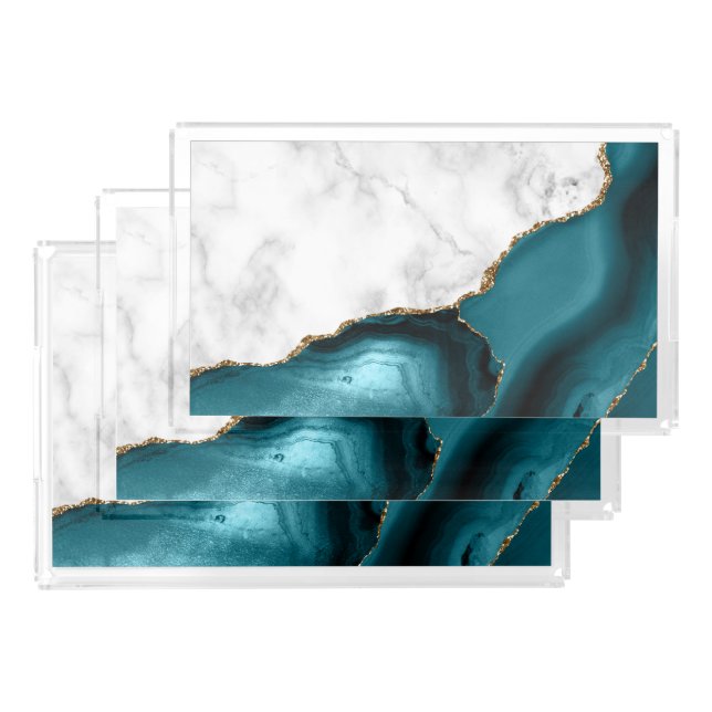 White Marble Gilded Teal Blue Agate Set Acrylic Tray (Set)