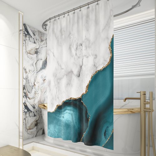 White Marble Gilded Teal Blue Agate Shower Curtain