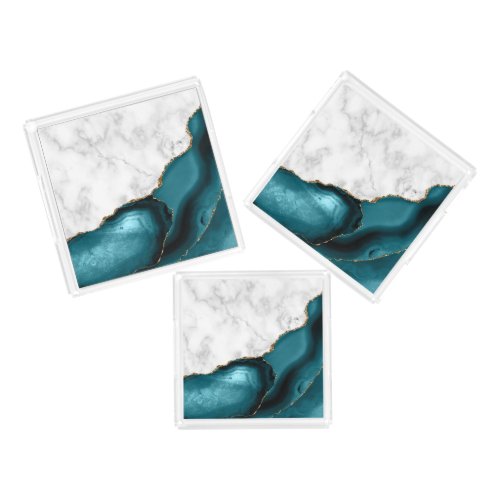 White Marble Gilded Teal Blue Agate Square Set Acrylic Tray