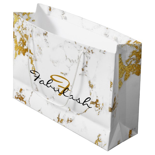 White Marble Gold Bridal Glitter Name Monogram Large Gift Bag (Front Angled)