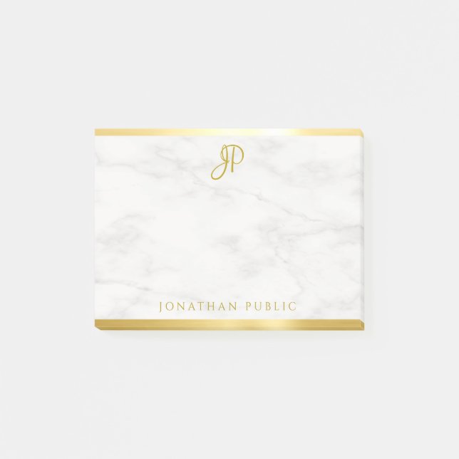 White Marble Gold Calligraphy Monogram Template Post-it Notes (Front)