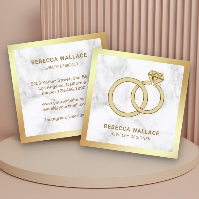 White Marble Gold Diamond Engagement Ring Jeweler Square Business Card (Creator Uploaded)