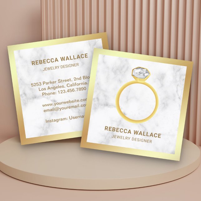 White Marble Gold Diamond Solitaire Ring Jeweler Square Business Card (Creator Uploaded)