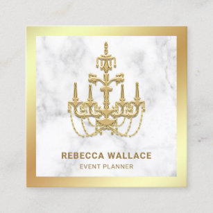White Marble Gold Foil Chandelier Event Planner Square Business Card