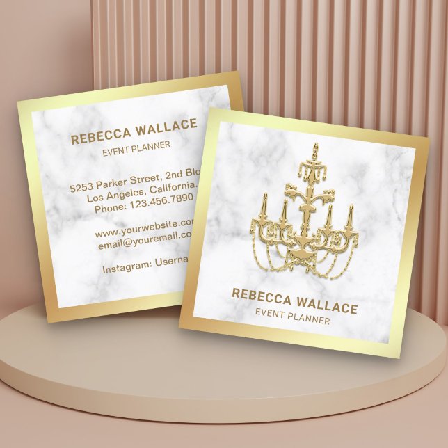 White Marble Gold Foil Chandelier Event Planner Square Business Card (Creator Uploaded)