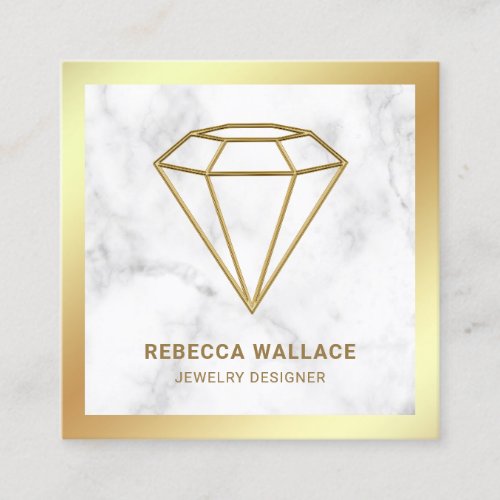 White Marble Gold Foil Geometric Diamond Jeweler Square Business Card