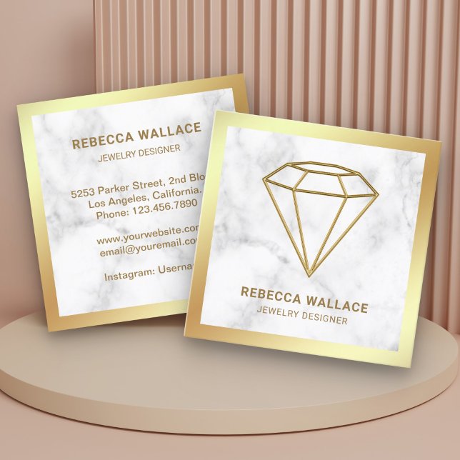 White Marble Gold Foil Geometric Diamond Jeweler Square Business Card (Creator Uploaded)