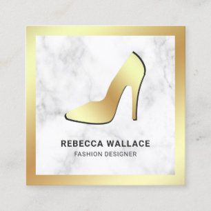 White Marble Gold Foil High Heels Stilettos Square Business Card