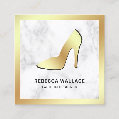 White Marble Gold Foil High Heels Stilettos Square Business Card