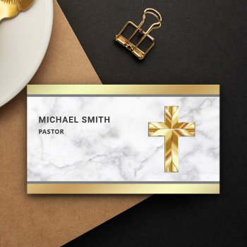 White Marble Gold Foil Jesus Christ Cross Pastor Business Card by ShabzDesigns at Zazzle