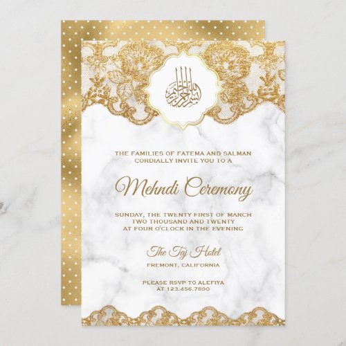 White Marble Gold Foil Lace Islamic Mehndi Invitation