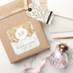 White Marble Gold Foil Lace Monogram Wedding Favor Square Sticker