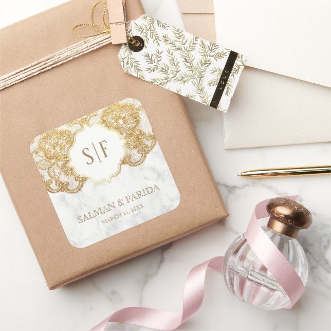 White Marble Gold Foil Lace Monogram Wedding Favor Square Sticker (Gifting)