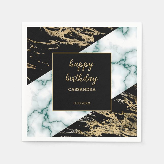 White Marble Gold Foil Paint Texture Birthday Napkins (Front)