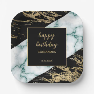 White Marble Gold Foil Paint Texture Birthday Paper Plates