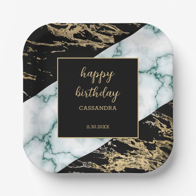 White Marble Gold Foil Paint Texture Birthday Paper Plates (Front)
