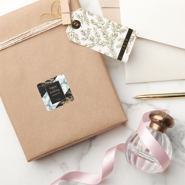 White Marble Gold Foil Paint Texture Birthday Square Sticker (Gifting)