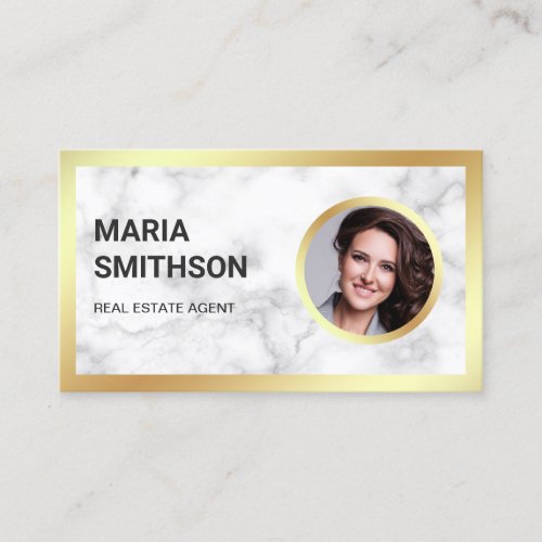 White Marble Gold Foil Photo Real Estate Agent Business Card